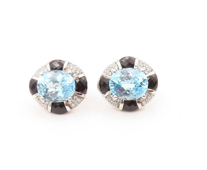 925 Sterling Silver Vintage Earrings Oval Blue Topaz Halo Sapphire & CZ  EG13346