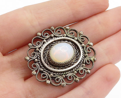 ISRAEL 925 Sterling Silver  Vintage Milky White Stone Swirl Brooch Pin  BP2651