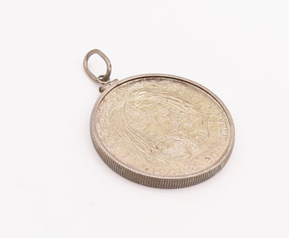 925 Sterling Silver Vintage Pendant Solid Heavy Carved 1966 Medal Coin  PT23380