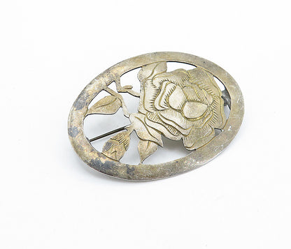 925 Sterling Silver  Vintage Antique Etched Flower Cutout Brooch Pin  BP2563