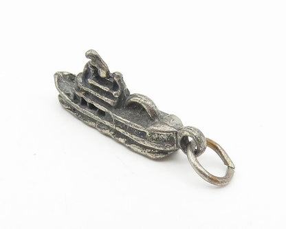 925 Sterling Silver  Vintage Dark Tone Ferry Boat Motif Drop Pendant  PT9078