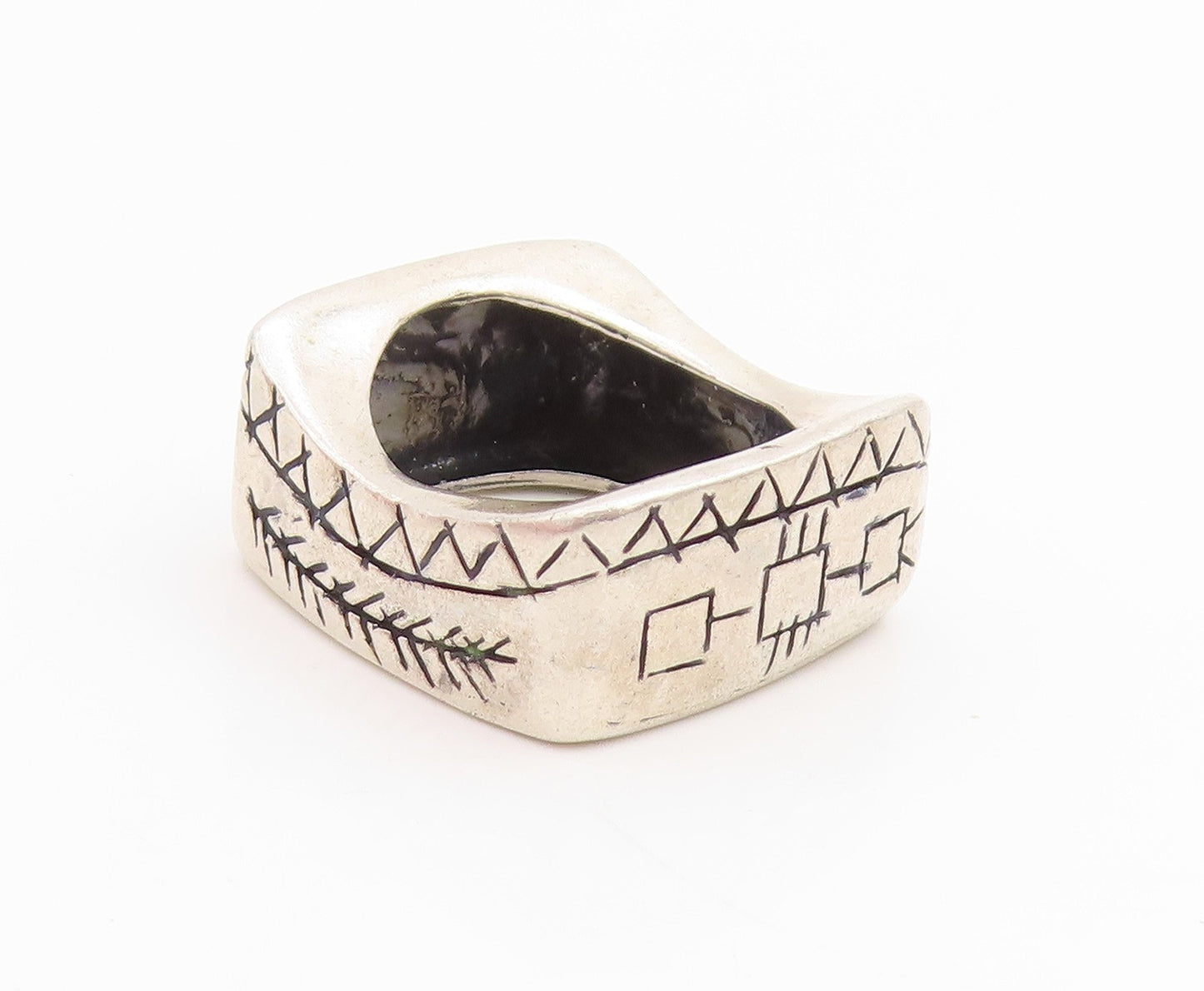 925 Sterling Silver Vintage Ring Aztec Geometric Pattern Signet  Sz 6  RG33773