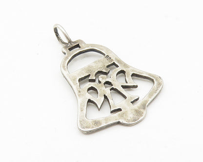 925 Sterling Silver  Vintage Dark Tone Cutout Ribbon Bell Pendant  PT8739