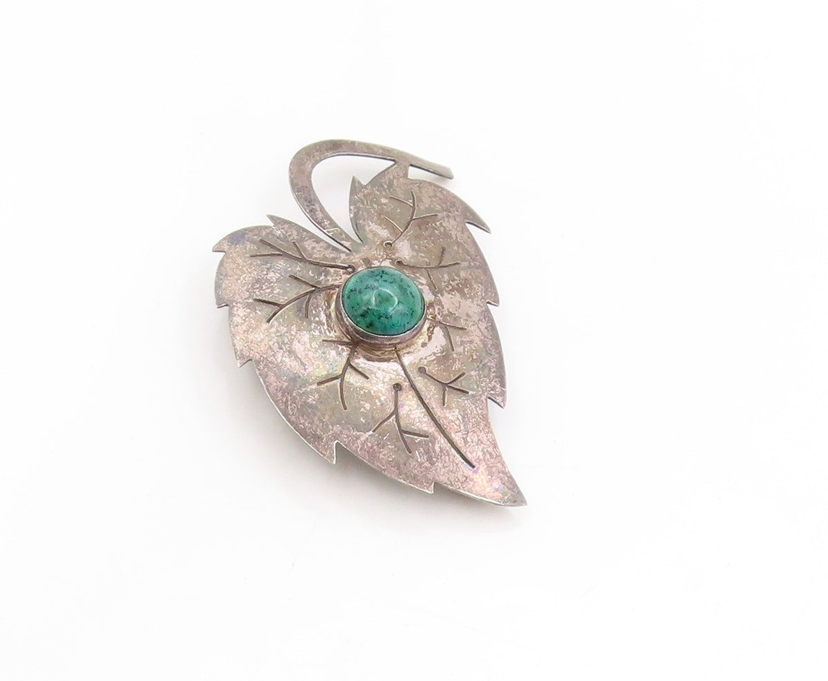925 Sterling Silver Vintage Brooch ISRAEL Turquoise Etched Grape Leaf  BP11859