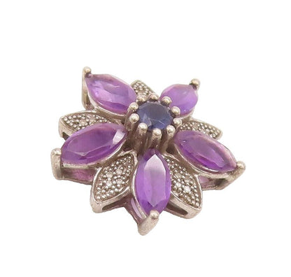 925 Sterling Silver Vintage Pendant Cutout Diamond & Amethyst Flower  PT22728