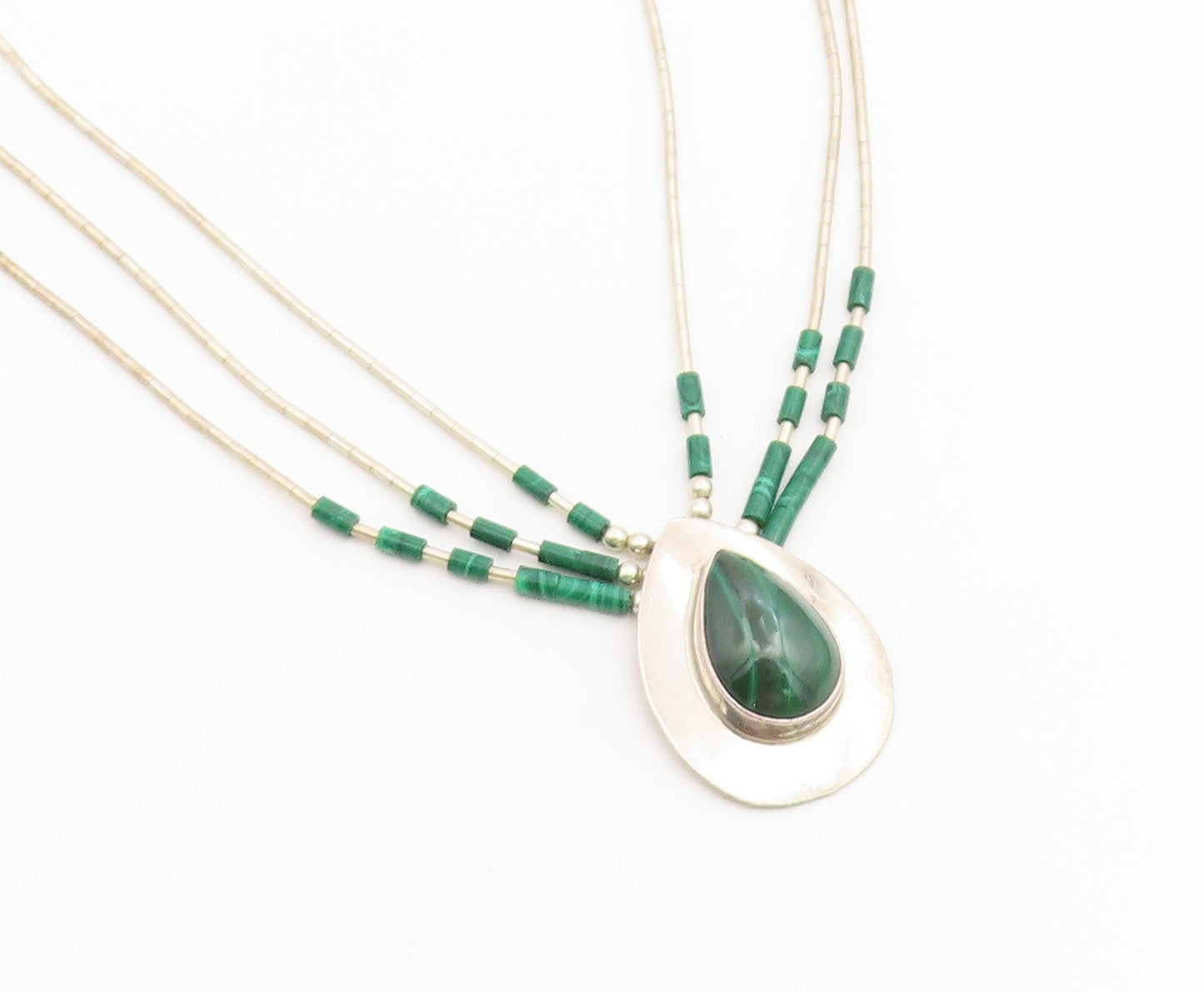 925 Sterling Silver Vintage Necklace NAVAJO ZUNI Malachite Teardrop Chain NE4904