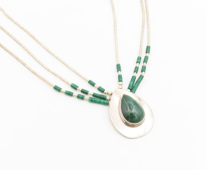 925 Sterling Silver Vintage Necklace NAVAJO ZUNI Malachite Teardrop Chain NE4904