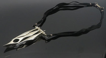 ISRAEL 925 Sterling Silver  Vintage Shiny Modernist Suede Necklace  NE1381