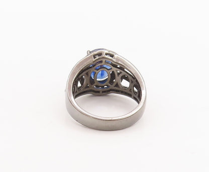 925 Sterling Silver Vintage Ring Split Band CZ Inlay & Sapphire  Sz 8  RG29617