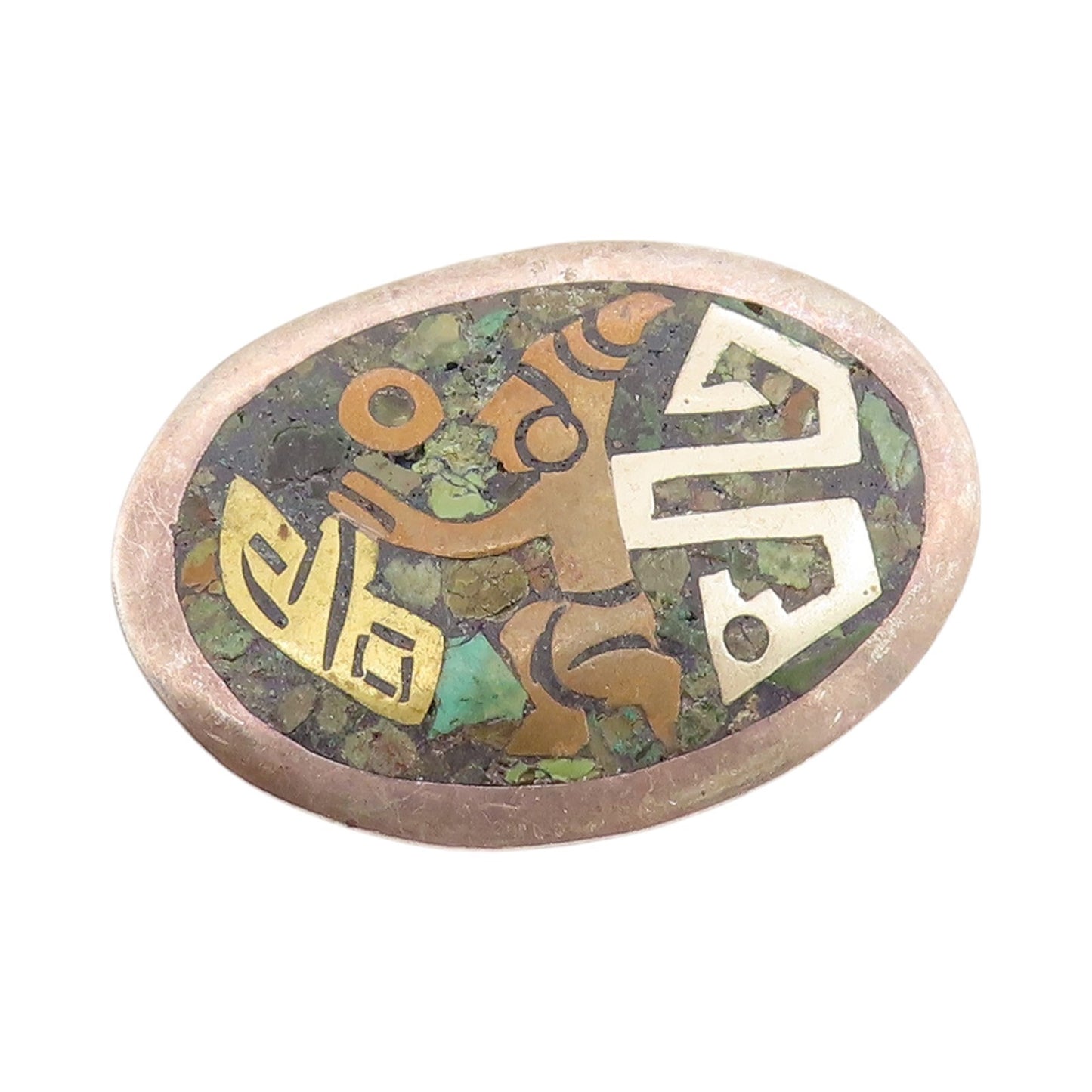925 Sterling Silver Vintage Brooch Crushed Turquoise Inlay Dancing Man   BP11724
