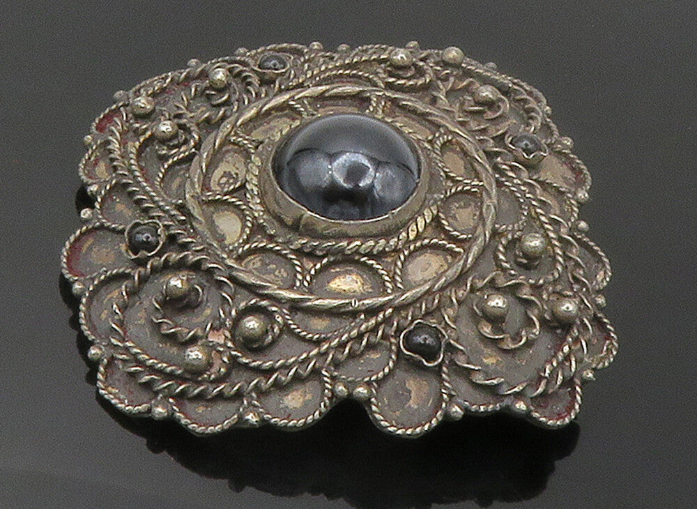 GREECE 925 Sterling Silver  Vintage Handmade Black Onyx Brooch Pin  BP5976