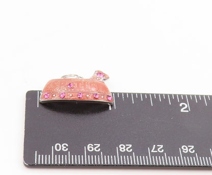 925 Sterling Silver Vintage Pendant Pink Topaz Enameled Spoiled Pet Tag  PT25434