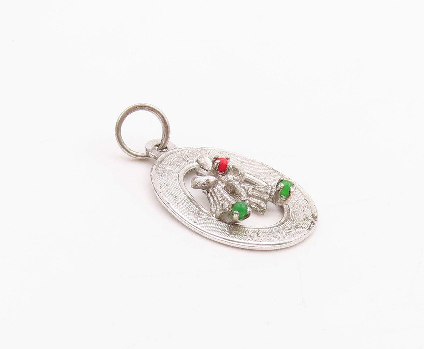 925 Sterling Silver Vintage Pendant Gemstone Cutout Christmas Bells  PT24565