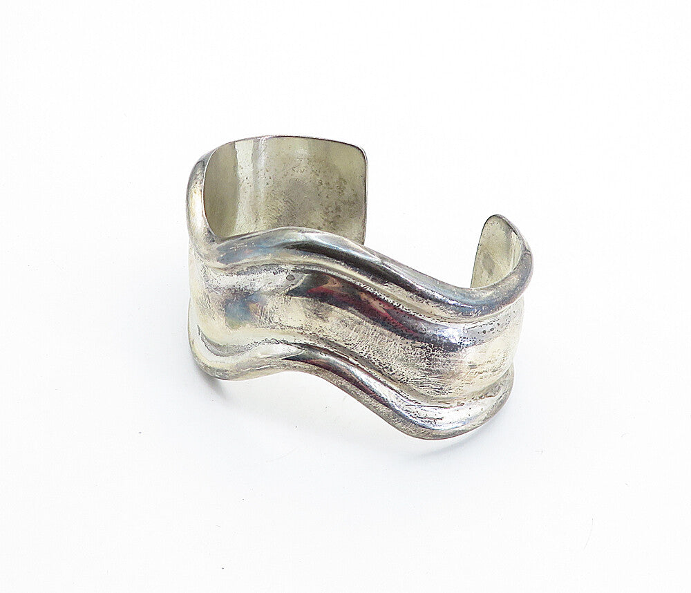 LOS BALLESTEROS 925 Silver Vintage Wavy Raised Edge Cuff Bracelet BT2772