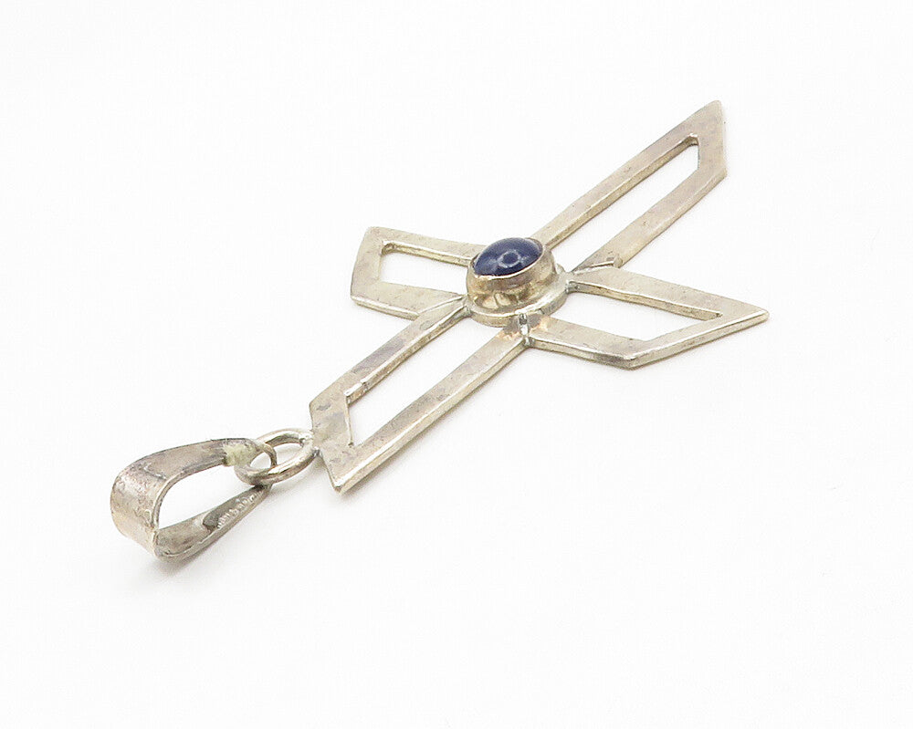 925 Sterling Silver  Vintage Blue Stone Open Religious Cross Pendant  PT10833