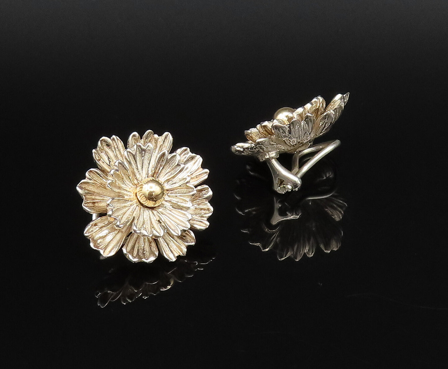 ESPO SIG 14K GOLD & 925 Silver Vintage Chrysanthemum Clip Earrings EG12188