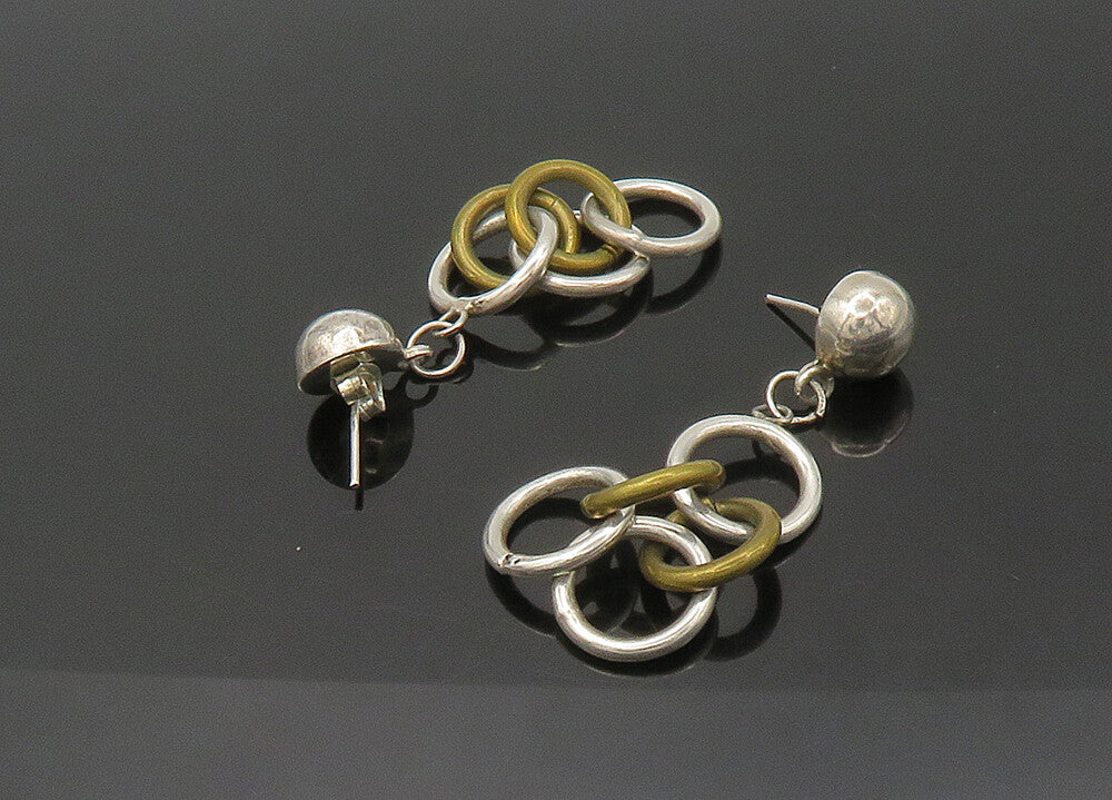 925 Sterling Silver  Vintage 2 Tone Linked Circles Dangle Earrings  EG10813