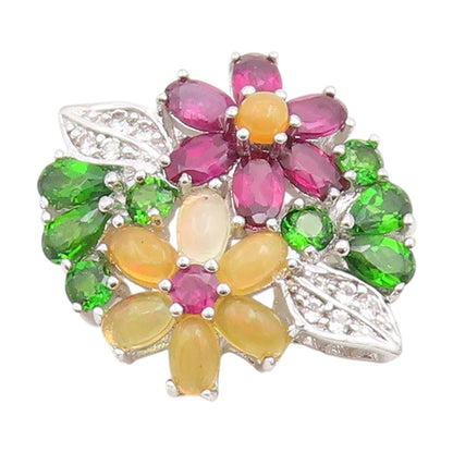 925 Sterling Silver Vintage Pendant Elegant Multi Gemstone Floral Charm  PT25856
