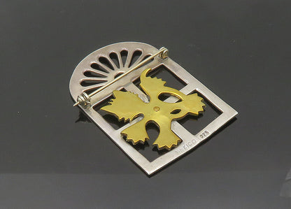 MEXICO 925 Sterling Silver  Vintage Two Tone Cat In Window Brooch Pin  BP8362