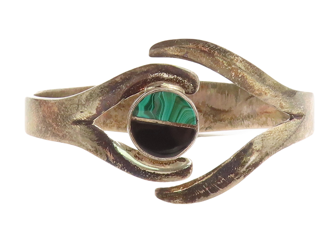 MEXICO 925 Silver  Vintage Black Onyx & Malachite Bangle Bracelet  BT1692
