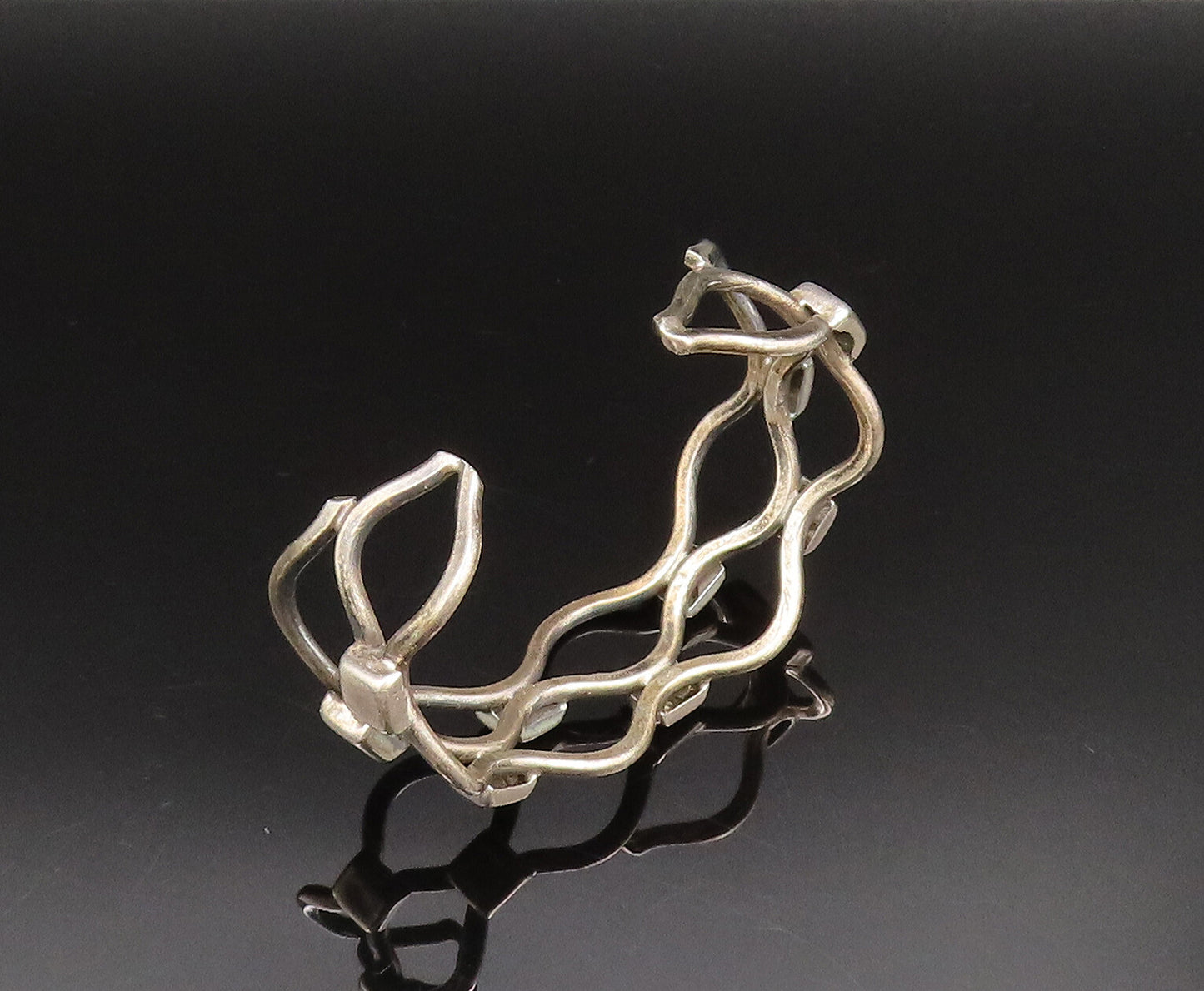 MEXICO 925 Silver  Vintage Wavy Open Square Pattern Cuff Bracelet  BT9579