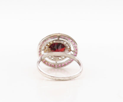 925 Sterling Silver Vintage Ring Round Red Halo Pink & White CZ  Sz 7.5  RG30440