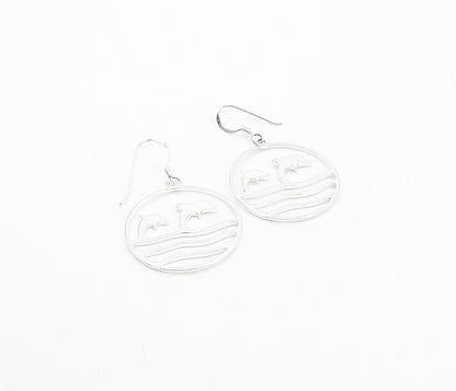 925 Sterling Silver  Shiny Leaping Dolphins Scene Dangle Earrings  EG3092