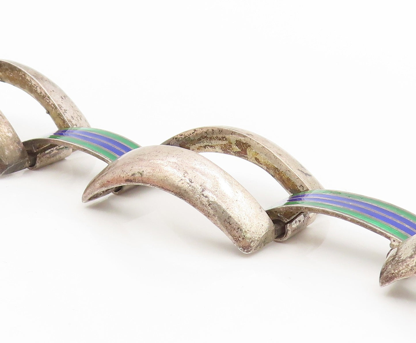 925 Sterling Silver Vintage Bracelet EUROPE Enamel Striped Panel Link  BT11522
