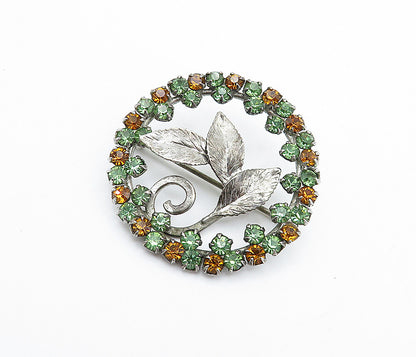 AM CO. 925 Silver  Vintage Citrine & Peridot Floral Leaf Brooch Pin  BP2825