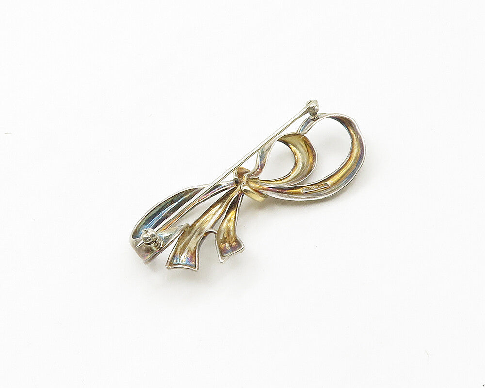 925 Sterling Silver  Vintage Shiny Two Tone Bow Tied Ribbon Brooch Pin  BP7004