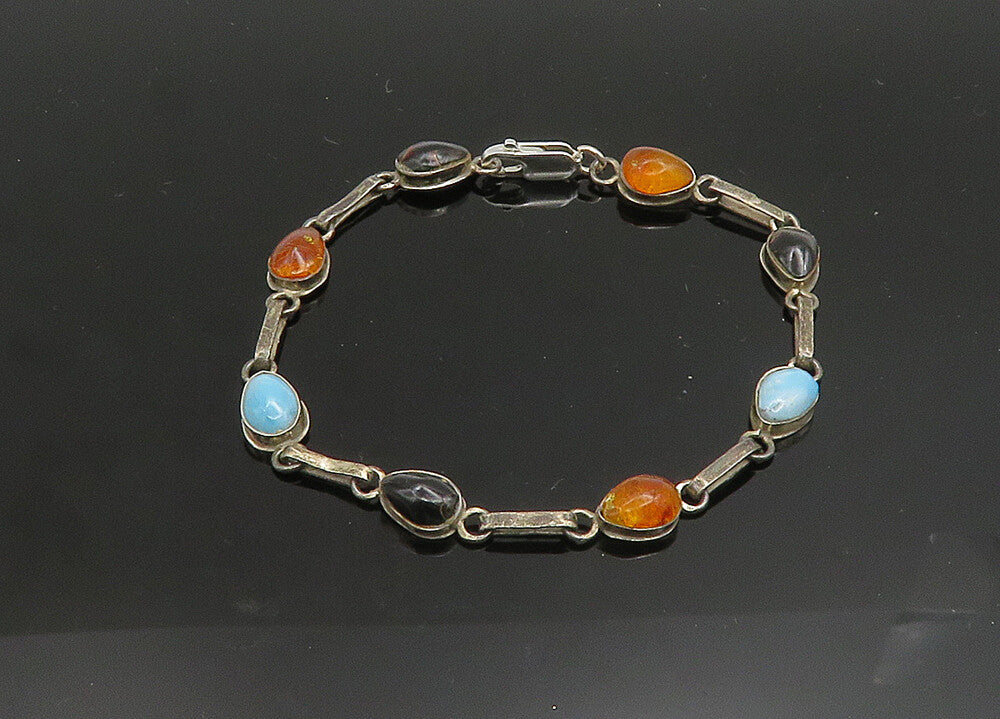 925 Sterling Silver  Vintage Larimar Black Onyx & Amber Chain Bracelet  BT8040