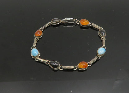 925 Sterling Silver  Vintage Larimar Black Onyx & Amber Chain Bracelet  BT8040