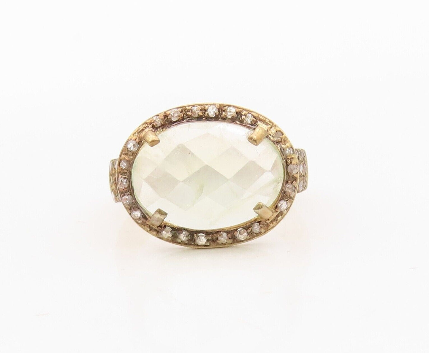 925 Sterling Silver Vintage Ring Gold Plated Diamonds & Gemstone  Sz 7  RG30333