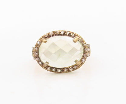 925 Sterling Silver Vintage Ring Gold Plated Diamonds & Gemstone  Sz 7  RG30333