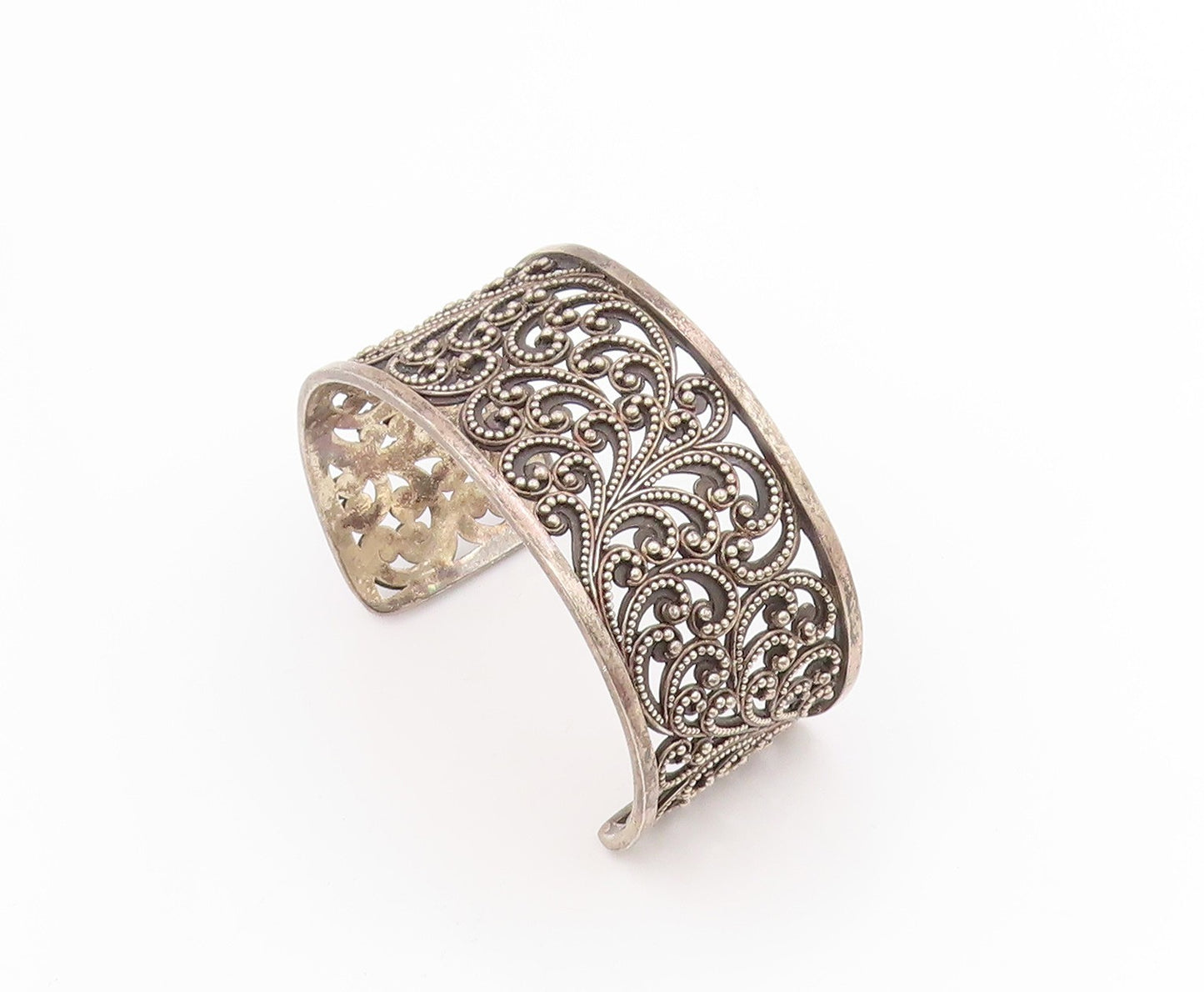 925 Sterling Silver Vintage Bracelet Lois Hill Beaded Scrollwork Cuff  BT11440