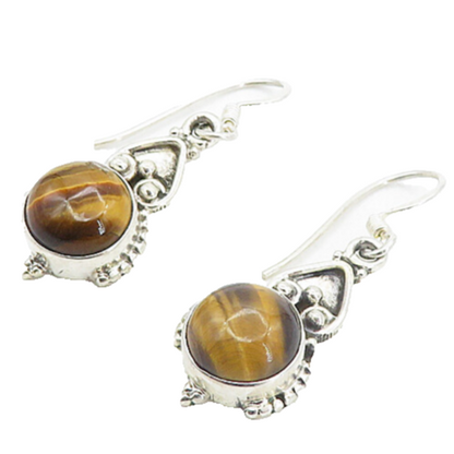 925 Sterling Silver  Vintage Cabochon Cut Tiger's Eye Dangle Earrings  EG3484