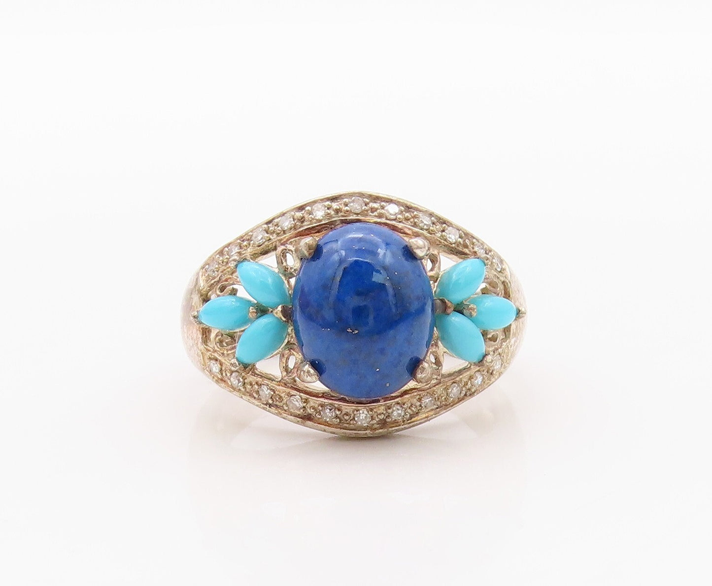 925 Sterling Silver Vintage Ring Diamonds, Turquoise & Lapis lazuli SZ 8 RG32091