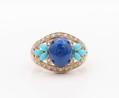 925 Sterling Silver Vintage Ring Diamonds, Turquoise & Lapis lazuli SZ 8 RG32091