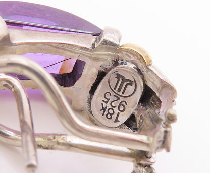 18k Gold & 925 Sterling Silver Vintage Earrings JEFFREY LEVIN Amethyst  EG14022