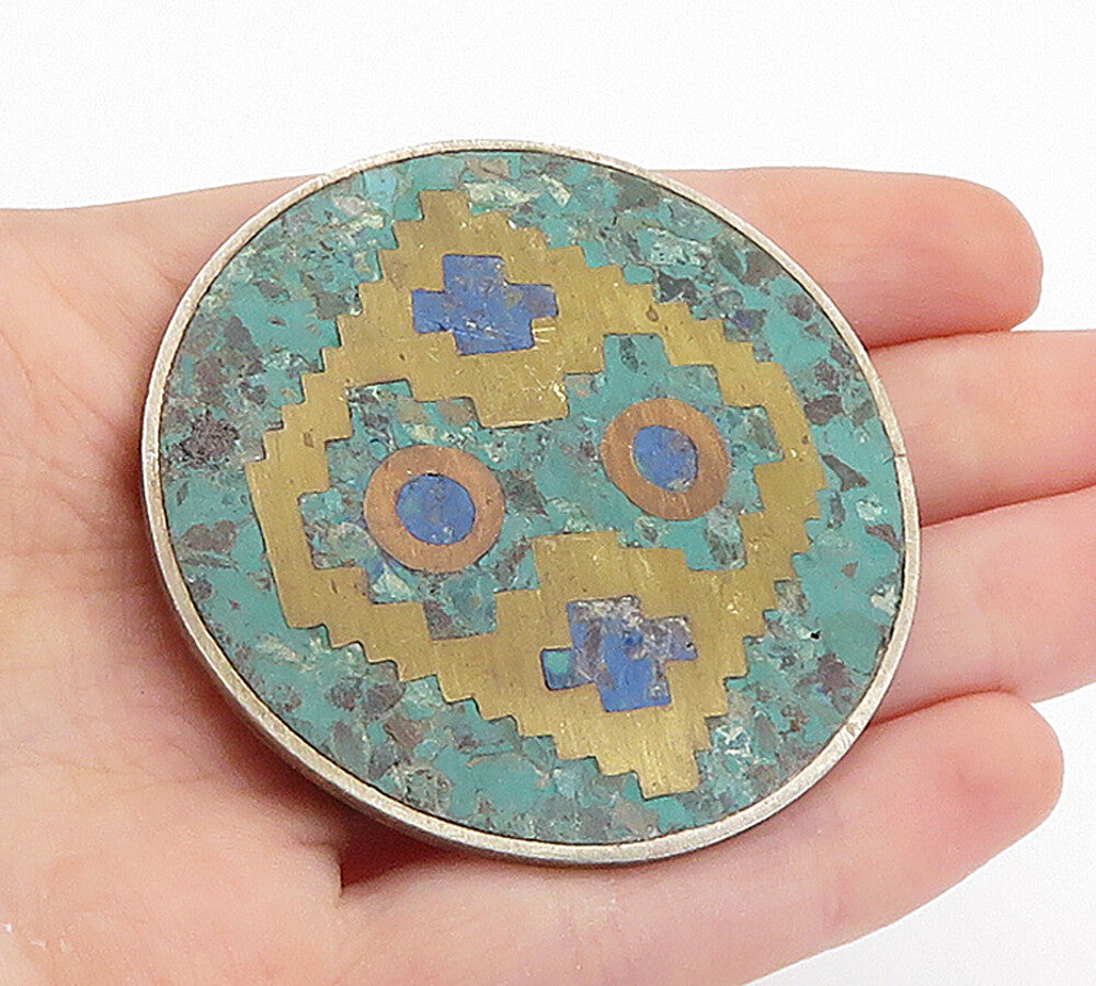 MEXICO 925 Silver Vintage Turquoise & Jasper Pattern Round Brooch Pin BP2614