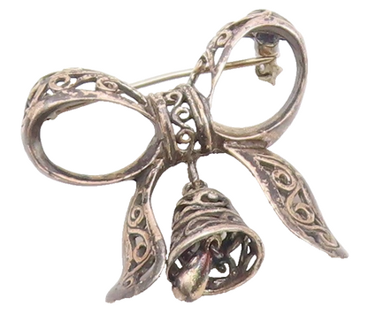 925 Sterling Silver  Vintage Bow Tied Ribbon Bell Brooch Pin (Jingles)  BP9211