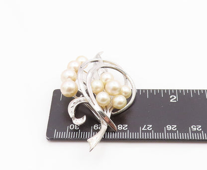 925 Sterling Silver Vintage Brooch Pin Elegant Pearl Swirly Floral Leaf  BP12361