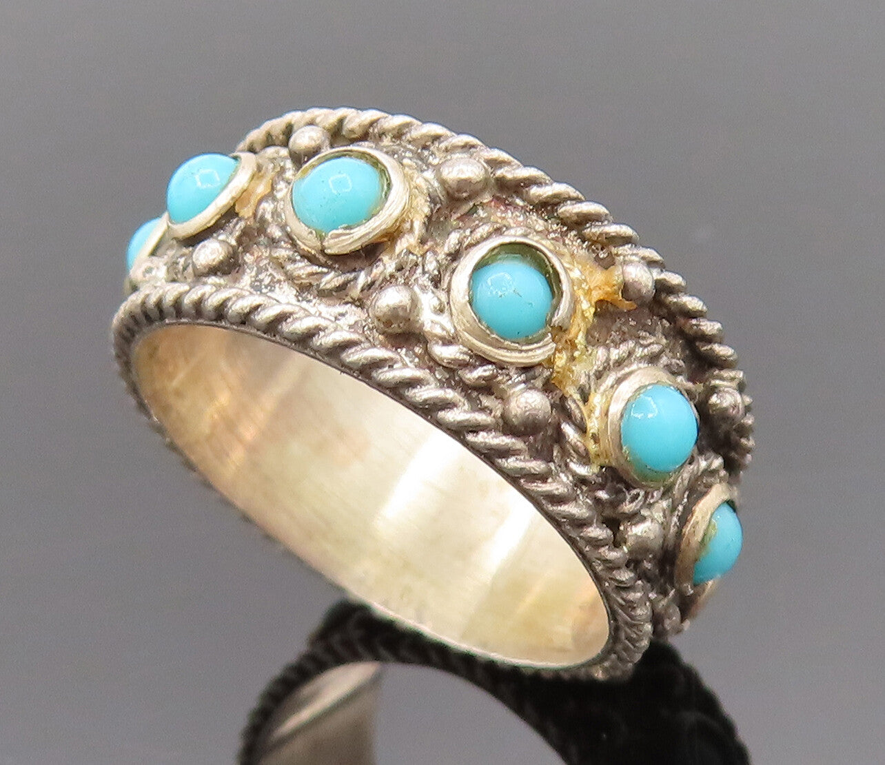 925 Silver  Vintage Twisted Rope Detail & Turquoise Band Ring Sz 6.5  RG26190