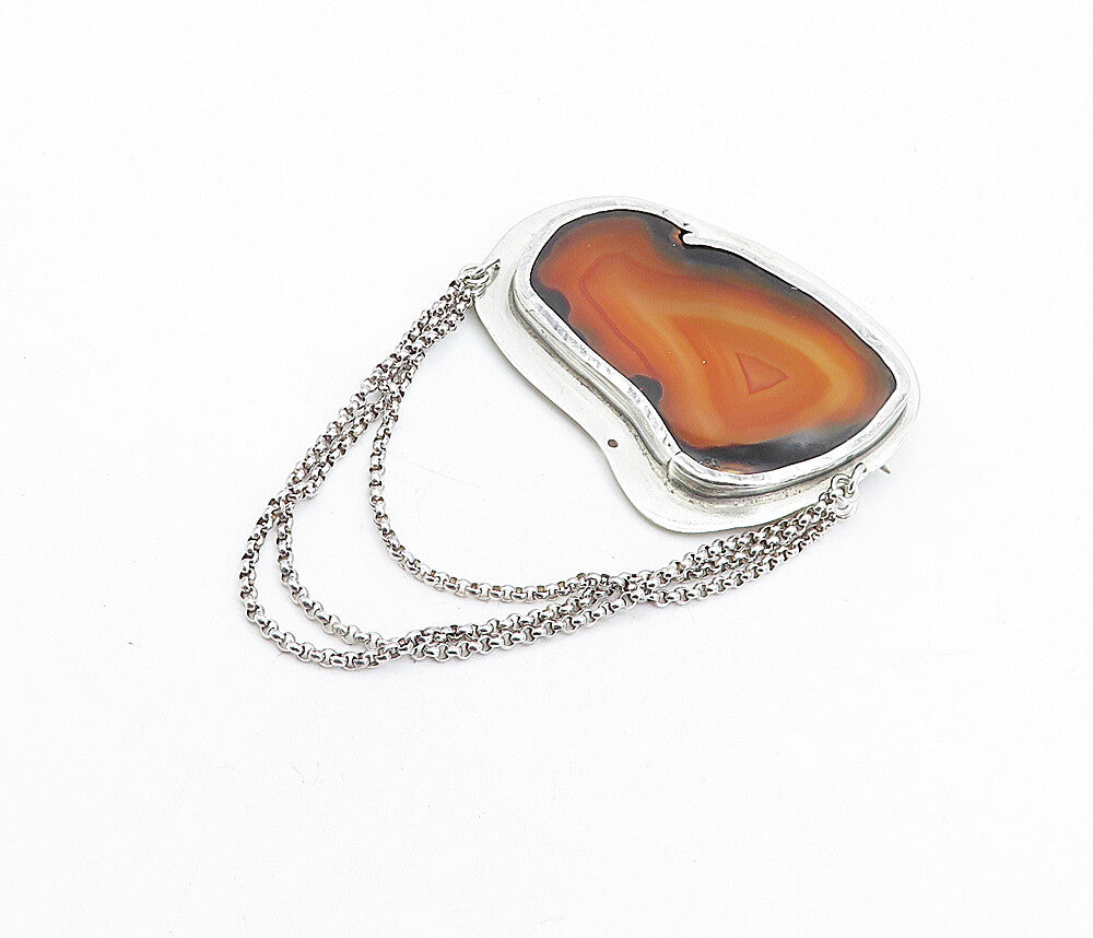 925 Sterling Silver Vintage Agate Multi Strand Chained Brooch Pin BP1538