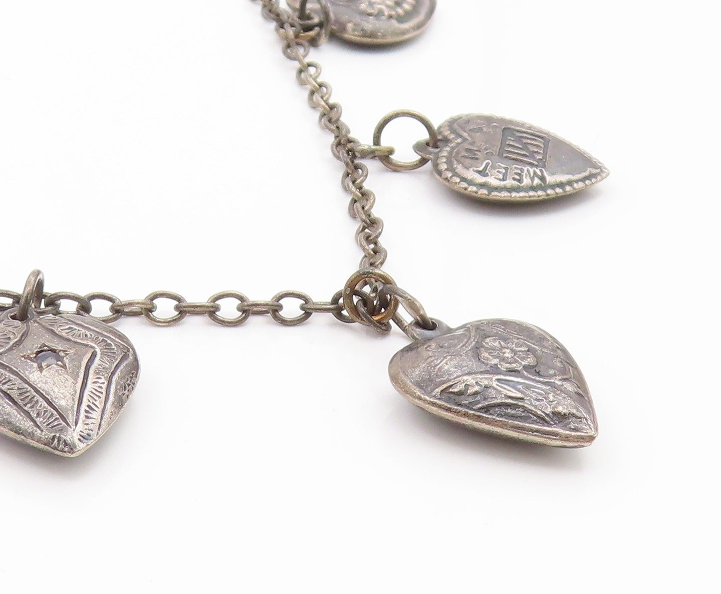 925 Sterling Silver Vintage Necklace Etched Love Heart Charm Motif Chain  NE4832