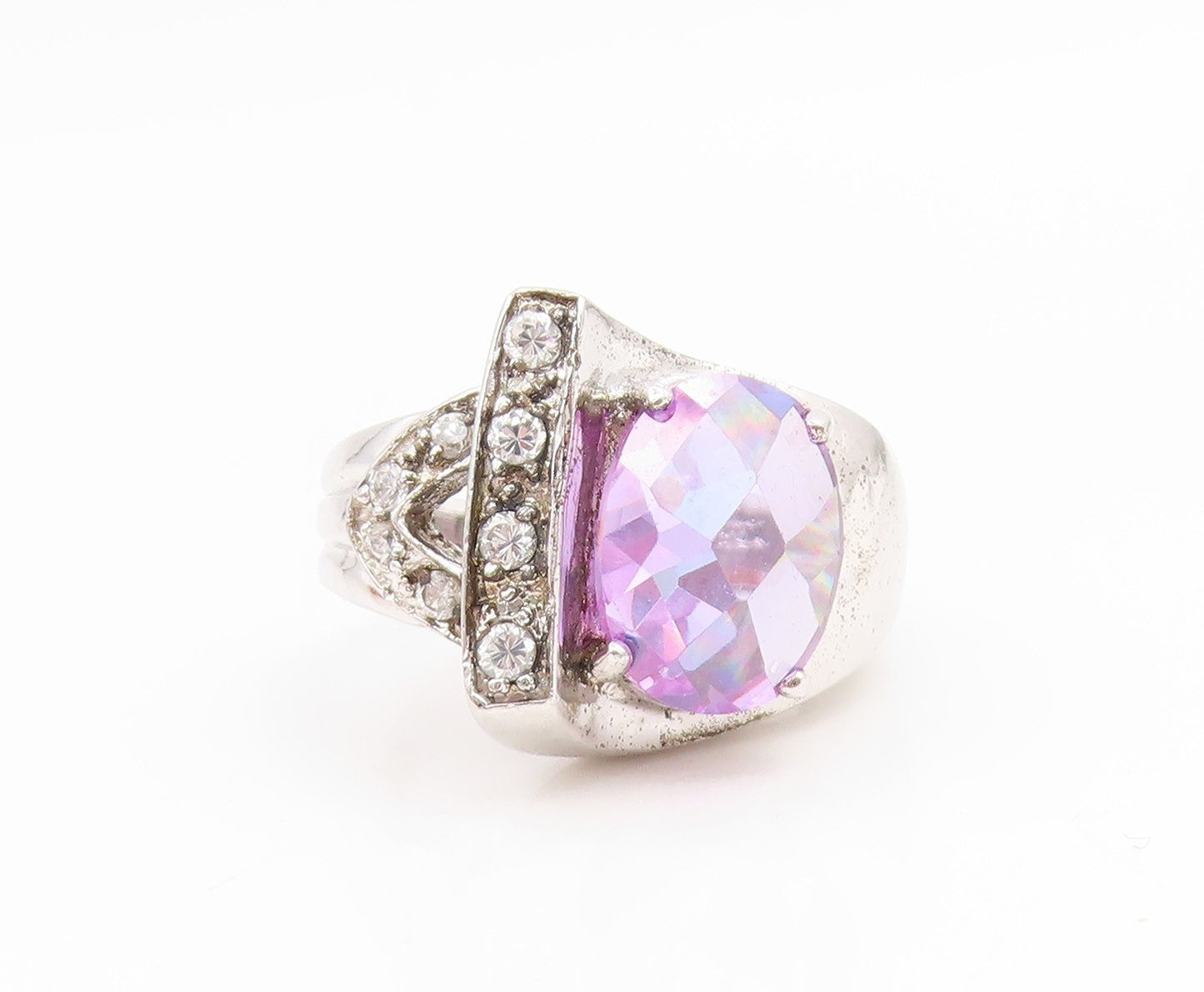 925 Sterling Silver Vintage Ring Faceted Amethyst & Topaz Band  Sz 7.5  RG35184