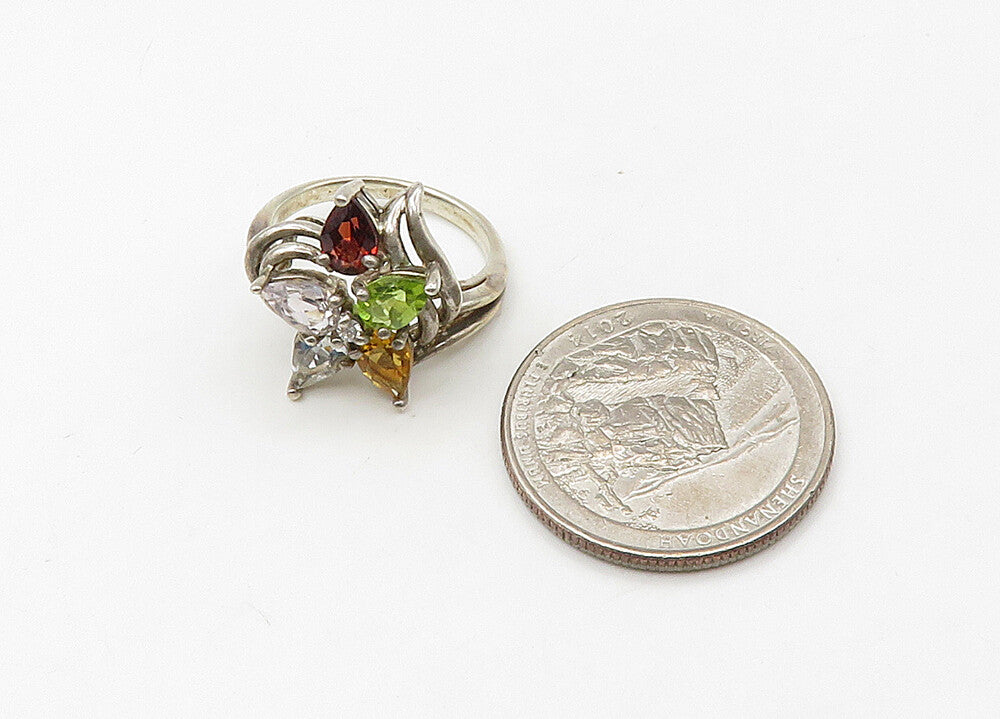 925 Silver  Vintage Peridot Citrine Garnet & Topaz Band Ring Sz 6  RG21523