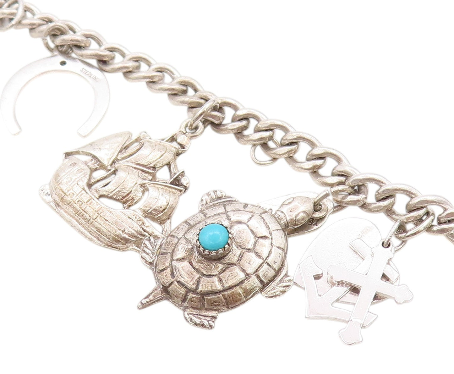 925 Sterling Silver Vintage Bracelet Ocean Life Dangling Larimar Charms  BT11276