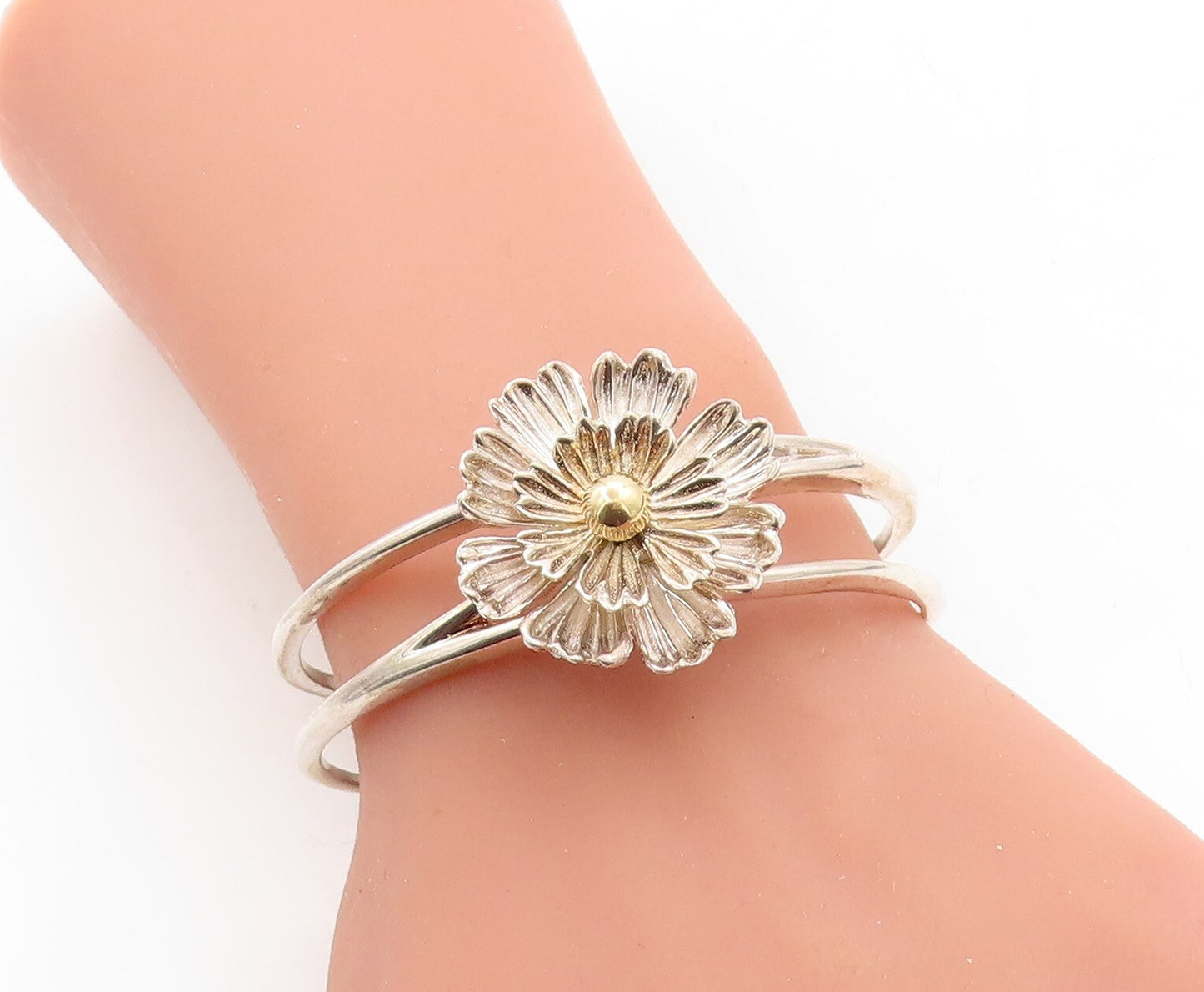 ESPO 925 Silver & 14K GOLD  2 Tone Sculpted Flower Split Cuff Bracelet  BT2484