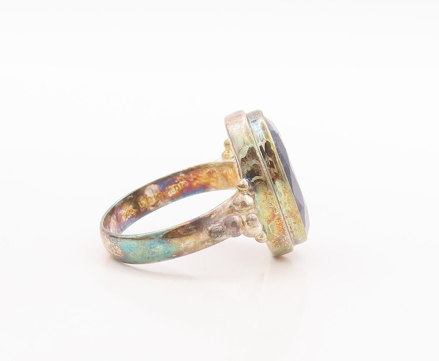 925 Sterling Silver Vintage Ring Beaded Oval Cut Blue Gemstone Sz 7  RG29700